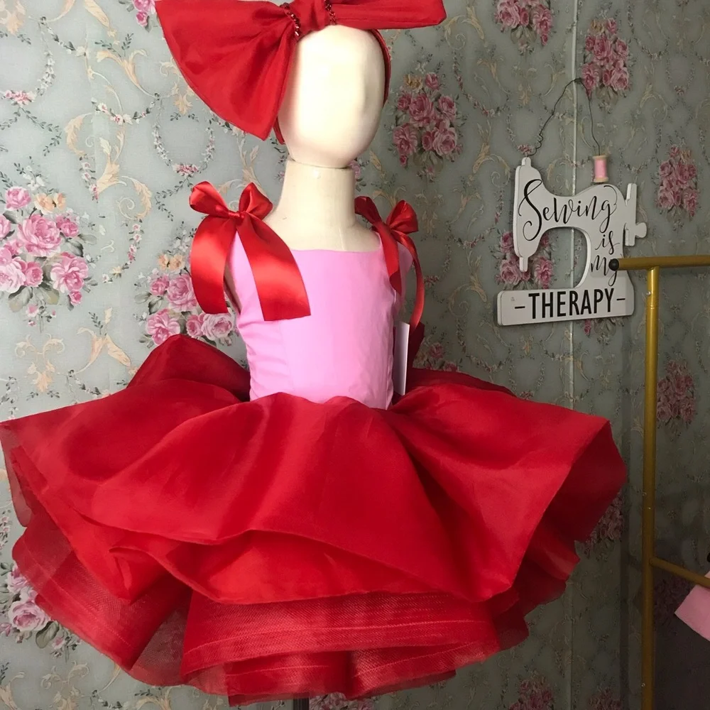 Pink and Red Girls' (Mother and daughter) Party Tutu Dress with Satin Bows